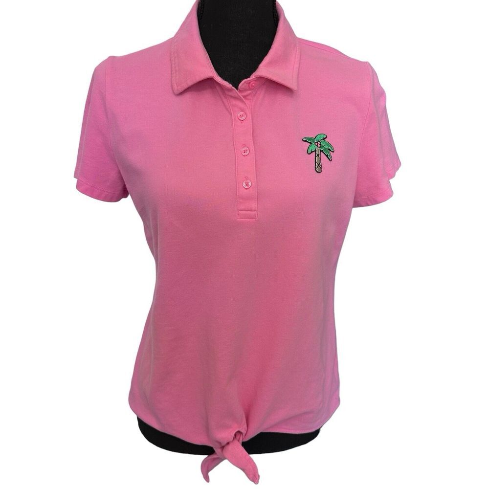 Talbots Top Womens Medium Pink Polo Palm Tree Stretch Tied Front Short Sleeve